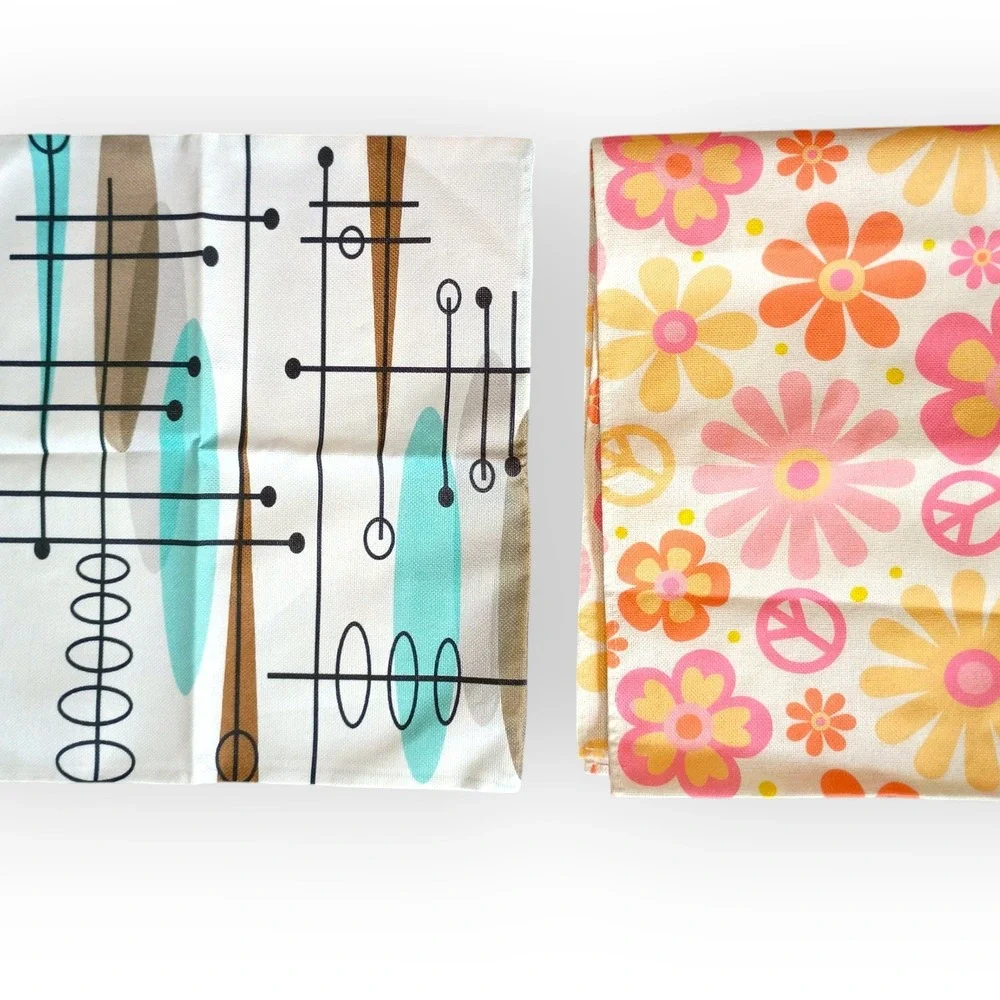 Retro MCM Atomic Pillow Cover and 70s Floral Peace Sign Table Runner Set